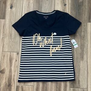 NEW Nautica Navy and White Striped Tee with Gold Script